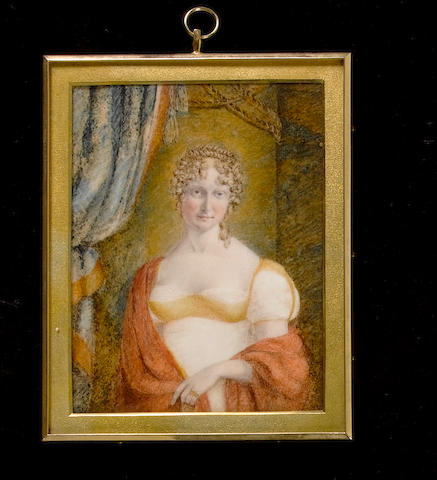 Miss Anne Hayter (British, active circa 1814-1830) Lady Colchester, standing beside a green curtain with orange trim, wearing white dress with yellow bodice, orange shawl draped over her right shoulder, gold rings and pendent coral earrings, her hair dressed in ringlets and upswept in plaited knot