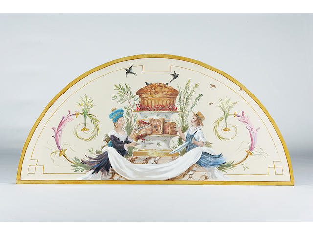 A semi-circular painted wall panel depicting 'The Pie Shop'