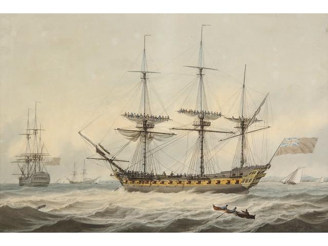 Samuel Atkins (British, fl.1787-1808) A British man o'war and other vessels off a coastline
