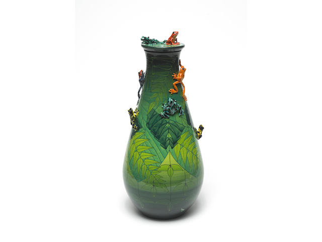 'Tree Frogs' A Large Flask Vase and Cover