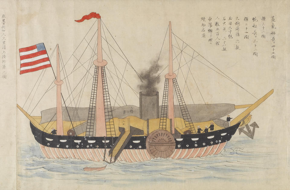 An extremely interesting makemono recording the arrival of the Amerika-Jin Steamboat at Uraga Dock;