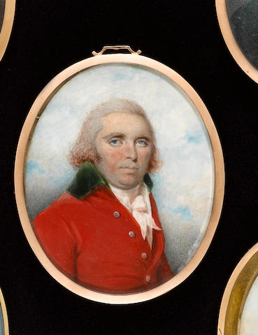English School, circa 1790 A Gentleman, wearing red coat with green velvet collar, white waistcoat and tied cravat, his hair powdered