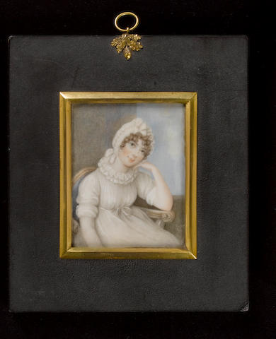 Attributed to Charlotte Jones (British, 1768-1847) A Lady, seated in blue upholstered chair by a window, wearing white dress, lace ruff and white lace bonnet tied with a bow