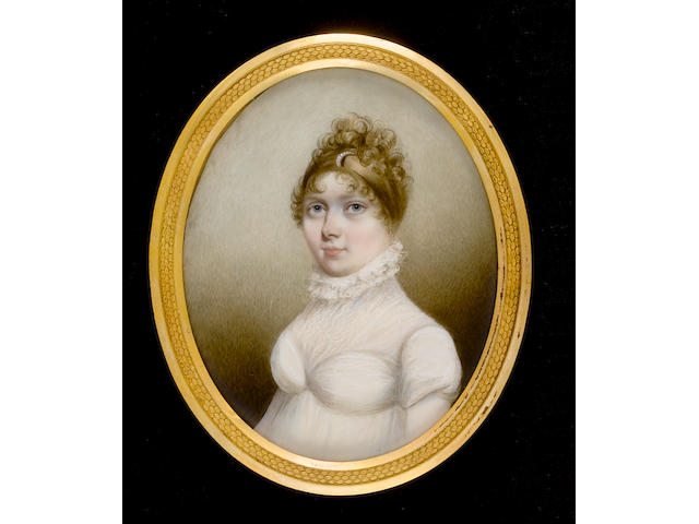 N.  Freese (British, active 1794-1814) A Lady, wearing white dress, white fill-in with ruched neck, her hair upswept and decorated with a pearl encrusted slide