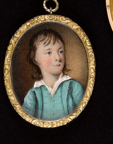 Scottish School, circa 1800 A young Boy, wearing green coat, matching waistcoat and wide collared white chemise