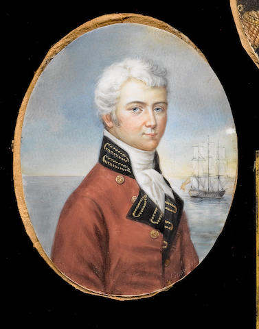 English School, 19th Century A Gentleman, wearing red coat with dark blue facings and collar embroidered with gold thread and white cravat, a three-masted sailing ship in the distance