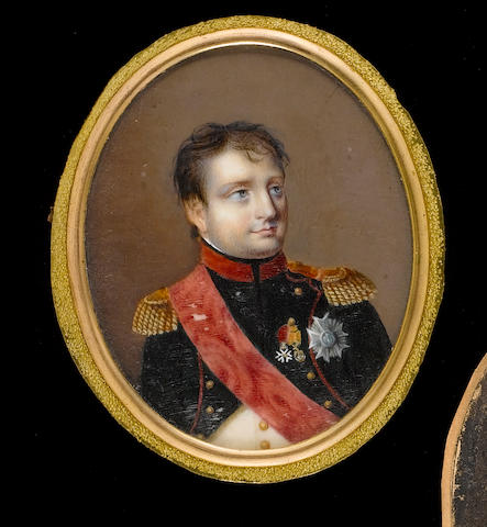 French School, 19th Century Napoleon I (1769-1821), wearing the uniform of the chasseurs-&#224;-cheval, dark green coat with red collar and red piping, with the sash and breast star of the Legion of Honour, the badge of the Grand Eagle of the Legion of Honour and the Iron crown of Lombardy