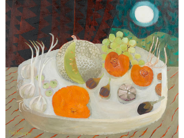 Mary Fedden R.A. (British, born 1915) Still life of fruit on a table top 61 x 76.2 cm. (24 x 30 in.)