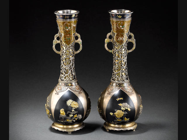 Pair of mixed metal vases by Yamada Motonobu