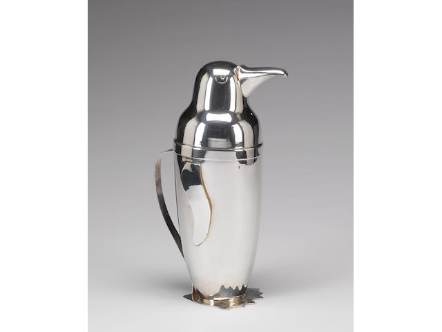 An American electroplated Penguin cocktail shaker, by Napier, patent number D-101559, circa 1936,
