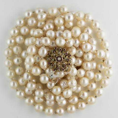 A long two row cultured pearl necklace,