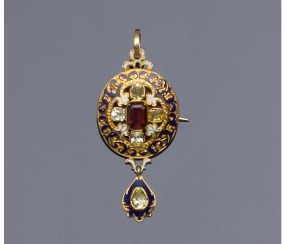 A Victorian Holbeinesque enamel pendant brooch
