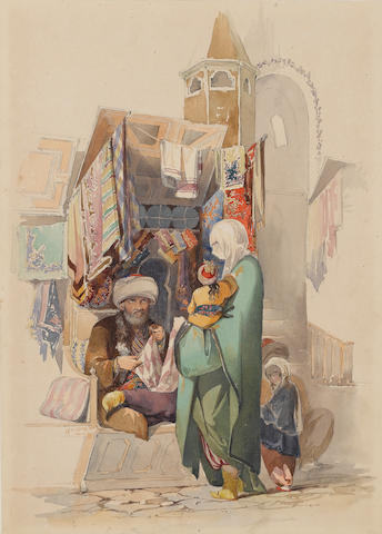 Count Amadeo Preziosi (Maltese, 1816-1882) The cloth seller at the bazaar 31 x 22 cm. (12&#188; x 8&#190; in.) unframed