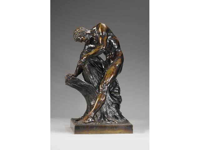After Edme Dumont (French, 1722-1775): A late 19th century French bronze model of the Milo of Croton