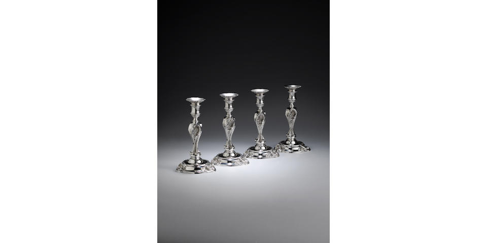 A fine set of four George II cast silver candlesticks, by David Willaume (II), London 1741,  (4)