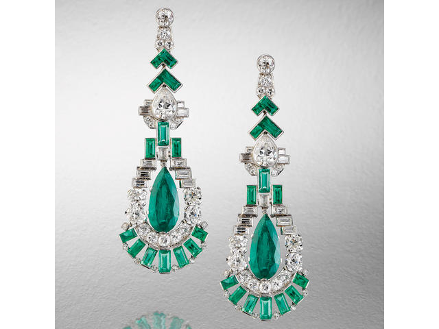 A fine pair of art deco emerald and diamond pendent earrings,