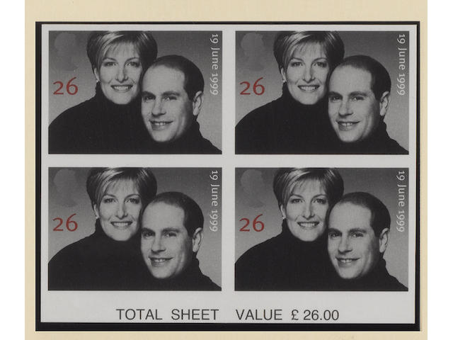 1999 Royal Wedding 26p. variety imperf. in a bottom of sheet marginal block with sheet value, a couple of light gum bends otherwise fine unmounted mint. SG &#163;3,000+.