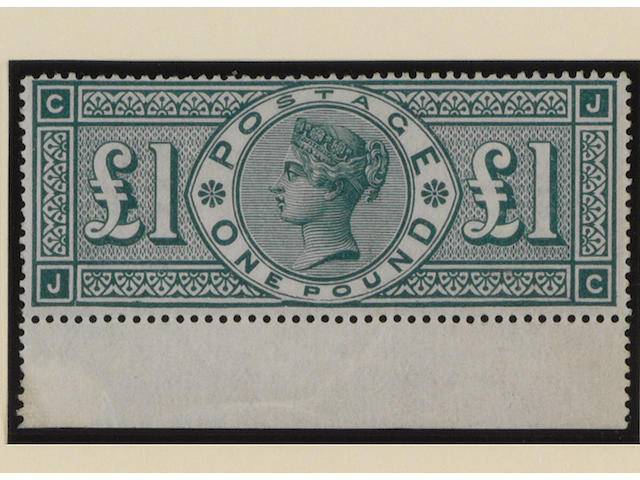 1887-1900 Jubilee: &#163;1 green JC with broken frame, unmounted mint with margin (with adhesion) at foot, a couple of gum wrinkles and tiny thin otherwise fine and very fresh. SG &#163;11,000.