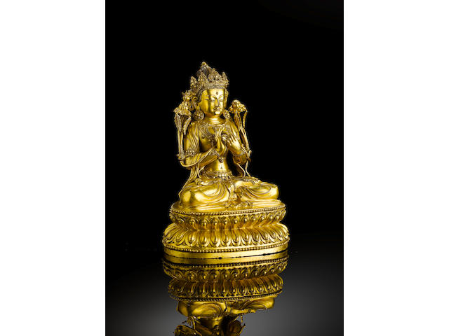 A fine and rare gilt-bronze figure of Maitreya Yongle six-character mark and of the period