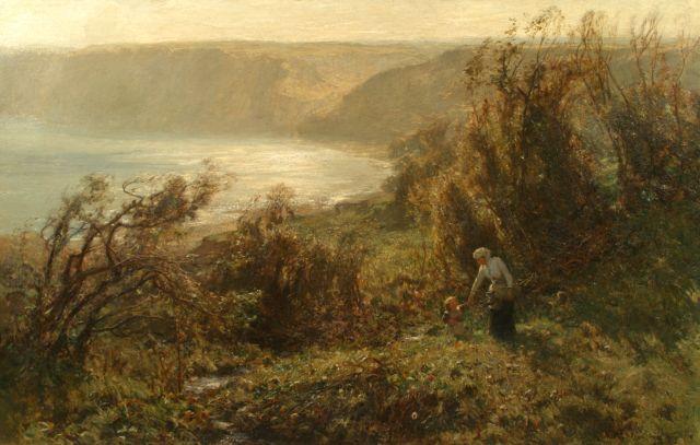 Arthur A. Friedenson (British, 1872-1955) 'Autumn Morning' a mother and child gathering wood above Runswick Bay