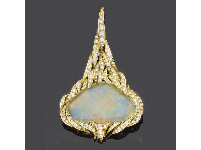 An opal, diamond and eighteen karat gold brooch-pendant, Grima