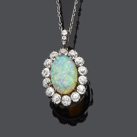 Bonhams : A late 19th century opal and diamond brooch/pendant,