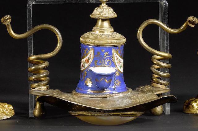 A mid 19th century French Palais Royal type porcelain, gilt brass and mother of pearl inkstand