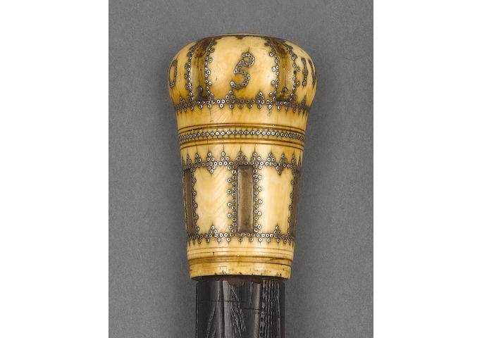 A Queen Anne ivory and piqu&#233; cane knop,