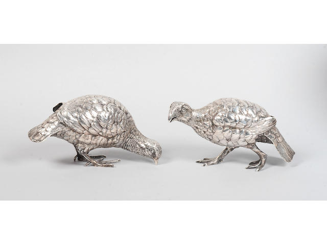 A pair of German silver grouse table decorations, Berthold Herman Muller, import marks 1913,  (2)