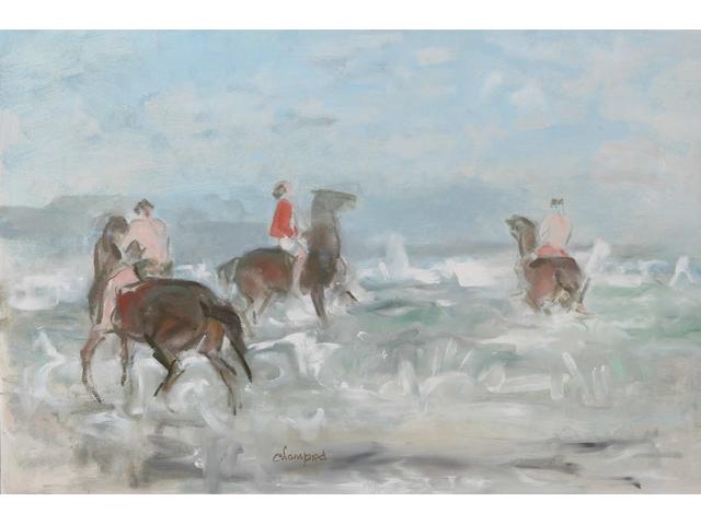Edmund Blampied (Jersey, 1886-1966) 'On Holiday', three horses and their riders amidst the surf, signed, signed and inscribed on the reverse, oil on board, 49.2 x 74.6cm.