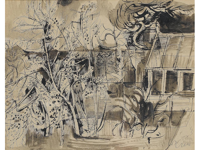 John Minton (British, 1917-1957) Cottage by trees 24 x 30.5 cm. (9 1/2 x 12 in.)