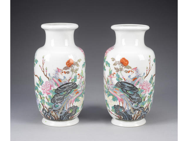 A pair of famille rose vases Qianlong six-character marks