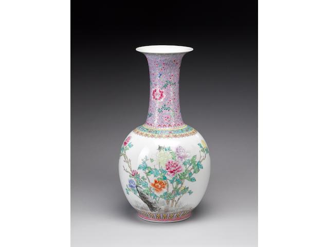 A large famille rose purple-necked vase Qianlong six-character mark