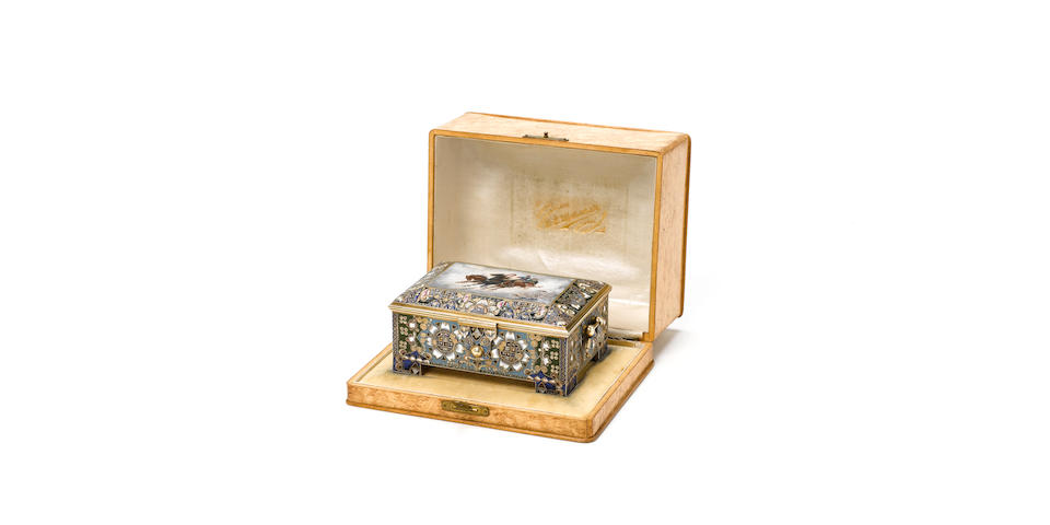 A Russian silver-gilt cloisonn&#233; enamel jewellery box 12.5 cm. (5 in.) long