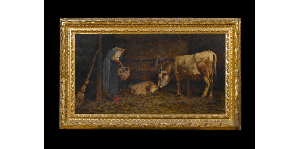 Pietro Pajetta (Italian, 1845-1911) The new born calf 66 x 120 cm. (26 x 47 1/4 in.)