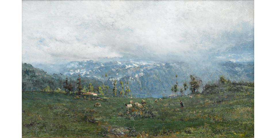 Ivan Pavlovich Pokhitonov (Ukrainian, 1850-1923) Mountain landscape with Lake Geneva in the foreground 16 x 27 cm. (6 1/4 x 10 1/2 in.)