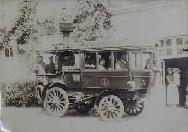 An original sepia tone photograph depicting a Steam Omnibus designed and constructed by Amedee Bollee,