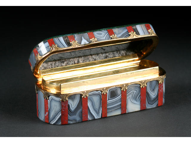 A George III oblong gold mounted agate box