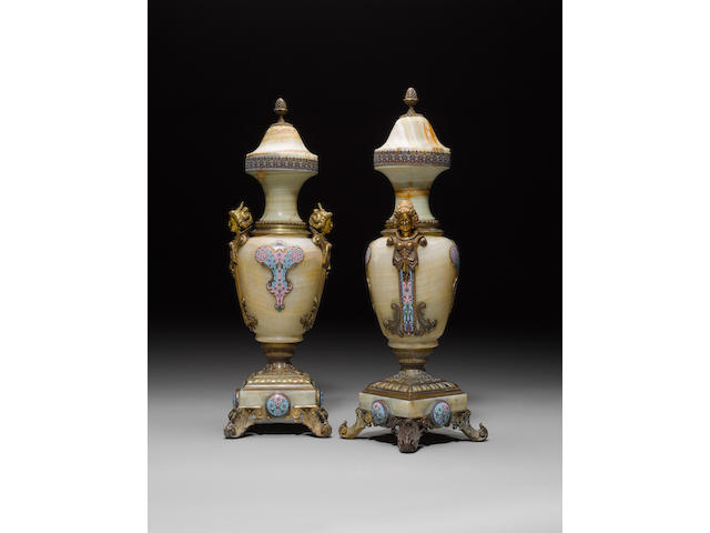 An pair of impressive Barbedienne gilt bronze and champleve mounted onyx urnscirca 1880,
