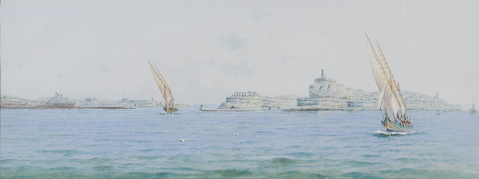 Vincenzo d' Esposito (Maltese, 1886-1946) County Class Cruiser leaving the Grand Harbour, Valletta; View of Fort Saint Elmo, Valletta, a pair 20.5 x 53.5 cm. (8 x 21 in.). (2)