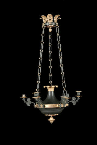 An Empire style patinated and gilt bronze six light electrolier