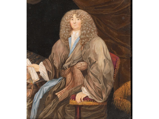 David Myers (British, active 1663-1676) Edward Hyde, Earl of Clarendon (1609-1674), seated in a red upholstered chair fringed with gold, wearing grey-brown robe, lined with blue and tied at waist with striped brown sash, white chemise trimmed with lace at the neck and curling brown hair worn long, against draped and tasselled brown curtain, his right hand holding scroll inscribed To Earl Clarendon resting on table covered with patterned cloth