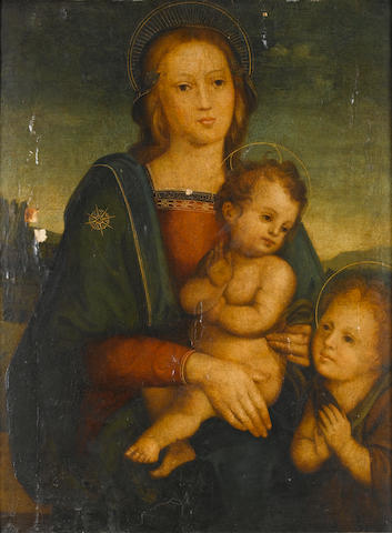Follower of Pietro Vannucci, called il Perugino (Castello della Pieve circa 1450-1523 Fontignano) The Madonna and Child with the Infant Saint John the Baptist 75.8 x 56.6 cm. (29 7/8 x 22&#188; in.) in a 19th Century carved and gilt frame