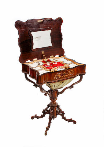 A mid 19th century German brass and mother of pearl inlaid rosewood games/worktable,