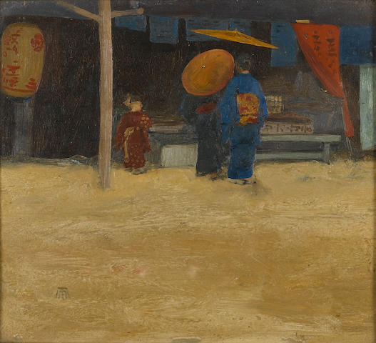 Mortimer Luddington Menpes (British, 1855-1938) Japanese street scenes 17 x 19 cm. (6&#190; x 7&#189; in.); 20.5 x 17 cm. (8 x 6&#190; in.) (within original frames (2))