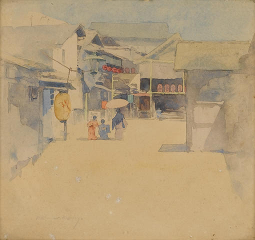 Mortimer Luddington Menpes (British, 1855-1938) A mother and her two children on a Japanese street 16 x 17.5 cm. (6&#188; x 7 in.) (within original frame)