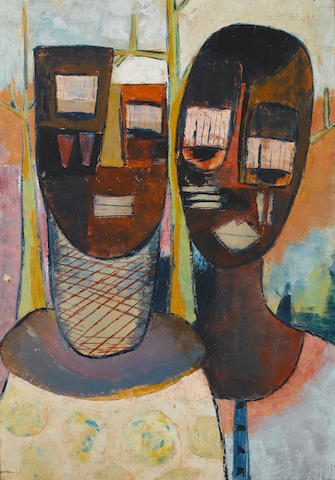 Muraina Oyelami (Nigerian, born 1940) Masks of entertainers 85 x 74 cm. (33&#189; x 29 in.) unframed