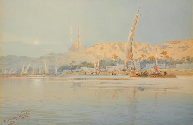 Augustus Osborne Lamplough, A.R.A., R.W.S (British, 1877-1930) Cairo and the Mosque of the Citadel as viewed from the Nile 63.5 x 96.5 cm. (25 x 38 in.)