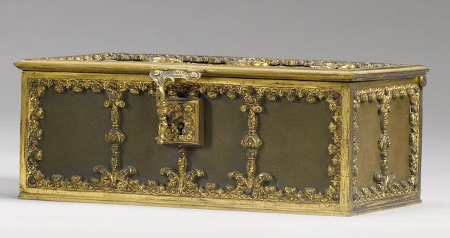A Renaissance style gilt bronze mounted and green leather box