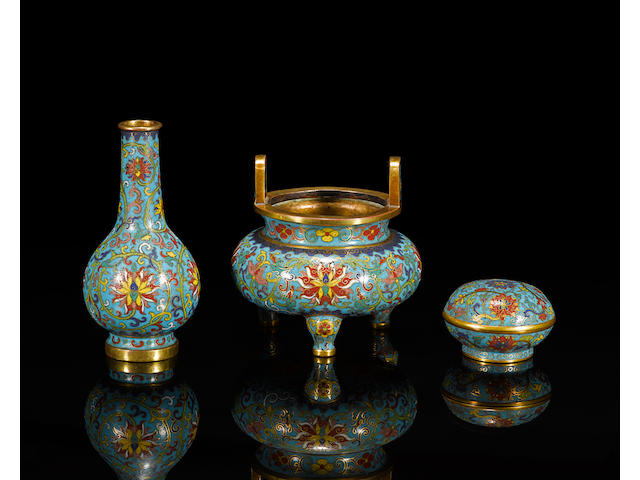 An assembled gilt bronze and cloisonn&#233; enamel 'incense garniture' set Qianlong four-character marks and of the period